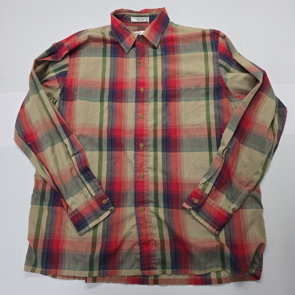 Vintage Arrow Sport Mens Large Plaid Button Down Shirt Tan Red Green Long Sleeve